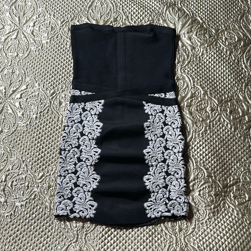 Bebe Black and White Strapless Bodycon Dress